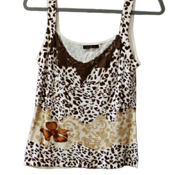 Cypress Animal Print Lace Trim Floral Cami Tank Top LG - Picture 2 of 13